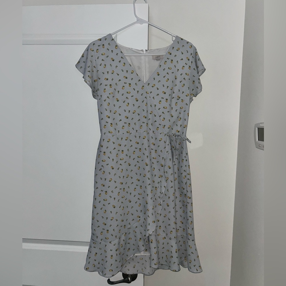 LOFT Blue gingham and yellow Floral wrap Dress